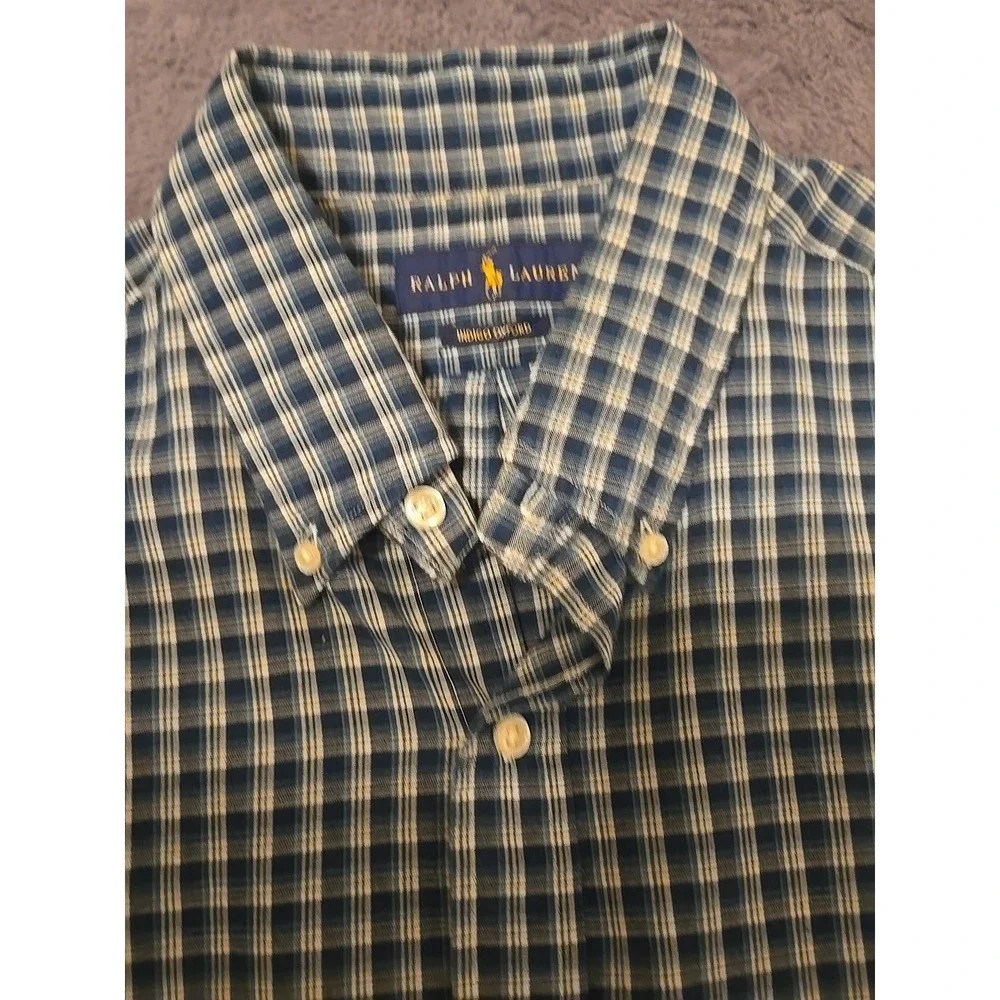 Ralph Lauren Indigo Oxford Shirt Mens Large Blue Plaid Short Sleeve Button Down - Picture 7 of 12